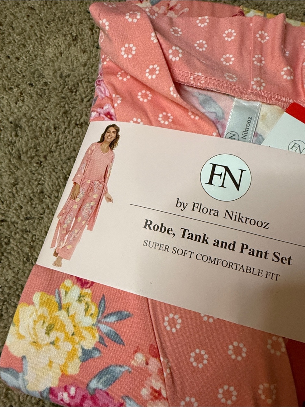 Flora Nikrooz Coral Pink Floral Robe, Tank & Pant Sleep Set - Picture 3 of 4